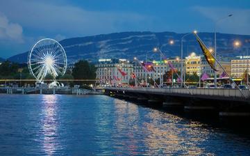 Evening time photo of the Pont du Mont-Blanc, Geneva, Switzerland.